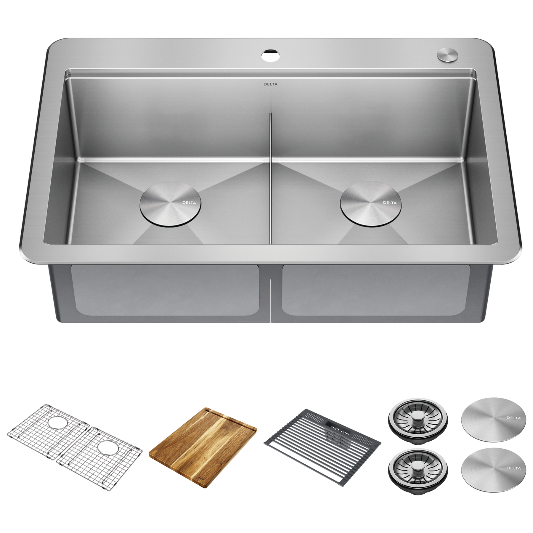 33&rdquo; Workstation&nbsp;Drop-In Top Mount&nbsp;Double&nbsp;Bowl&nbsp;16 Gauge Stainless Steel&nbsp;Kitchen Sink&nbsp;with&nbsp;WorkFlow&trade; Ledge and Accessories