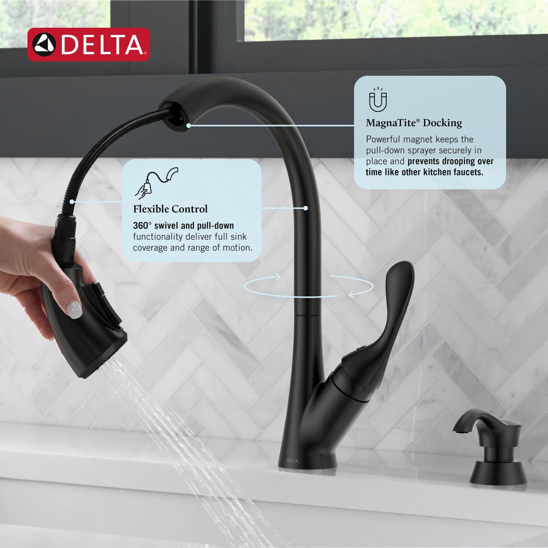 Single Handle Pull-Down Kitchen Faucet with Soap Dispenser and ShieldSpray&reg; Technology