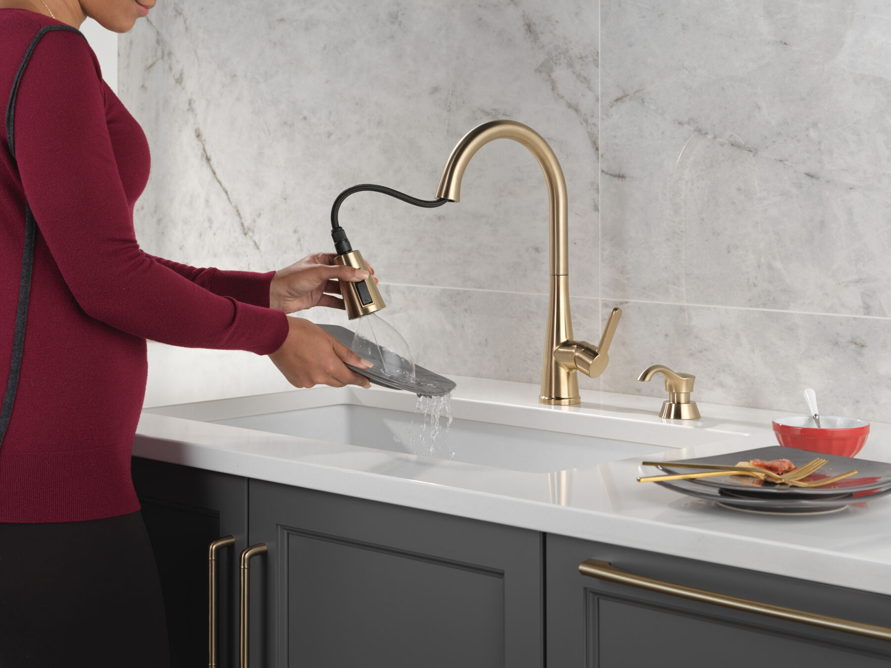 Single Handle Pull-Down Kitchen Faucet with Soap Dispenser and ShieldSpray&reg; Technology