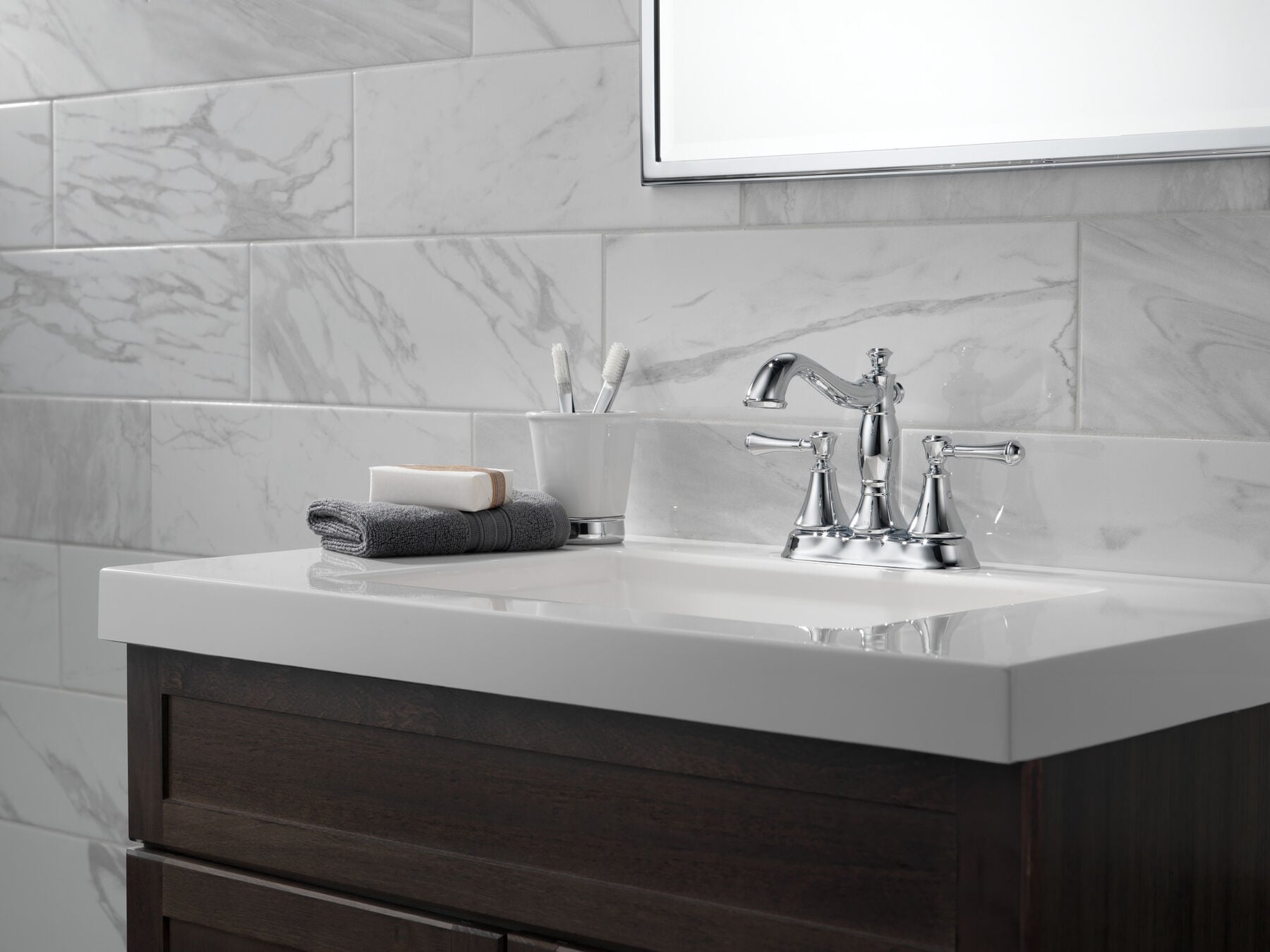 Two Handle Centerset Bathroom Faucet - Metal Pop-Up