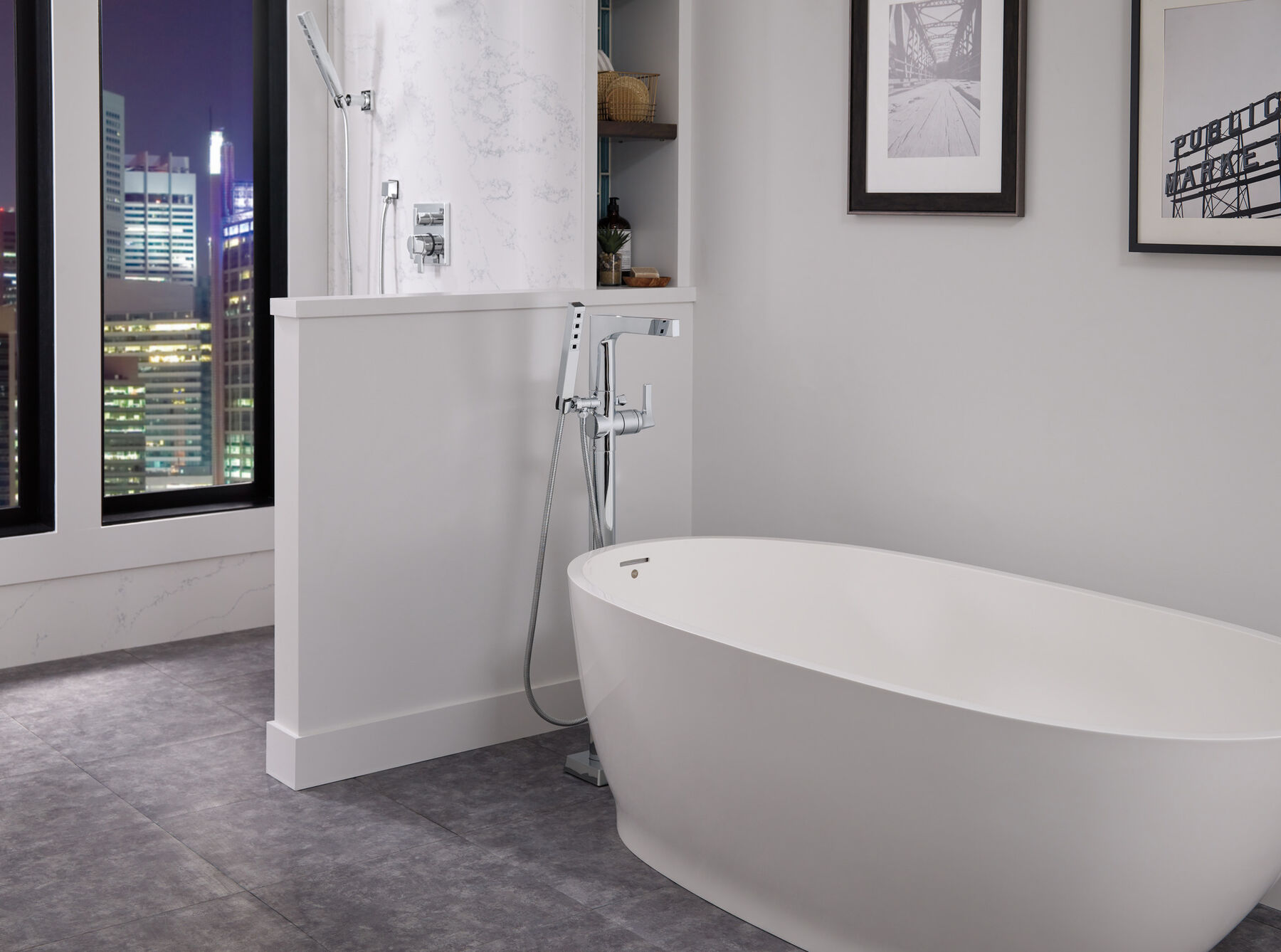 Single Handle Floor Mount Tub Filler Trim with Hand Shower