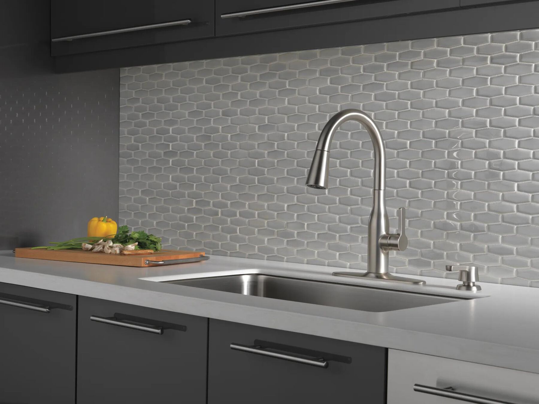 Single Handle Pull-Down Kitchen Faucet with Soap Dispenser and ShieldSpray&reg; Technology (Recertified)