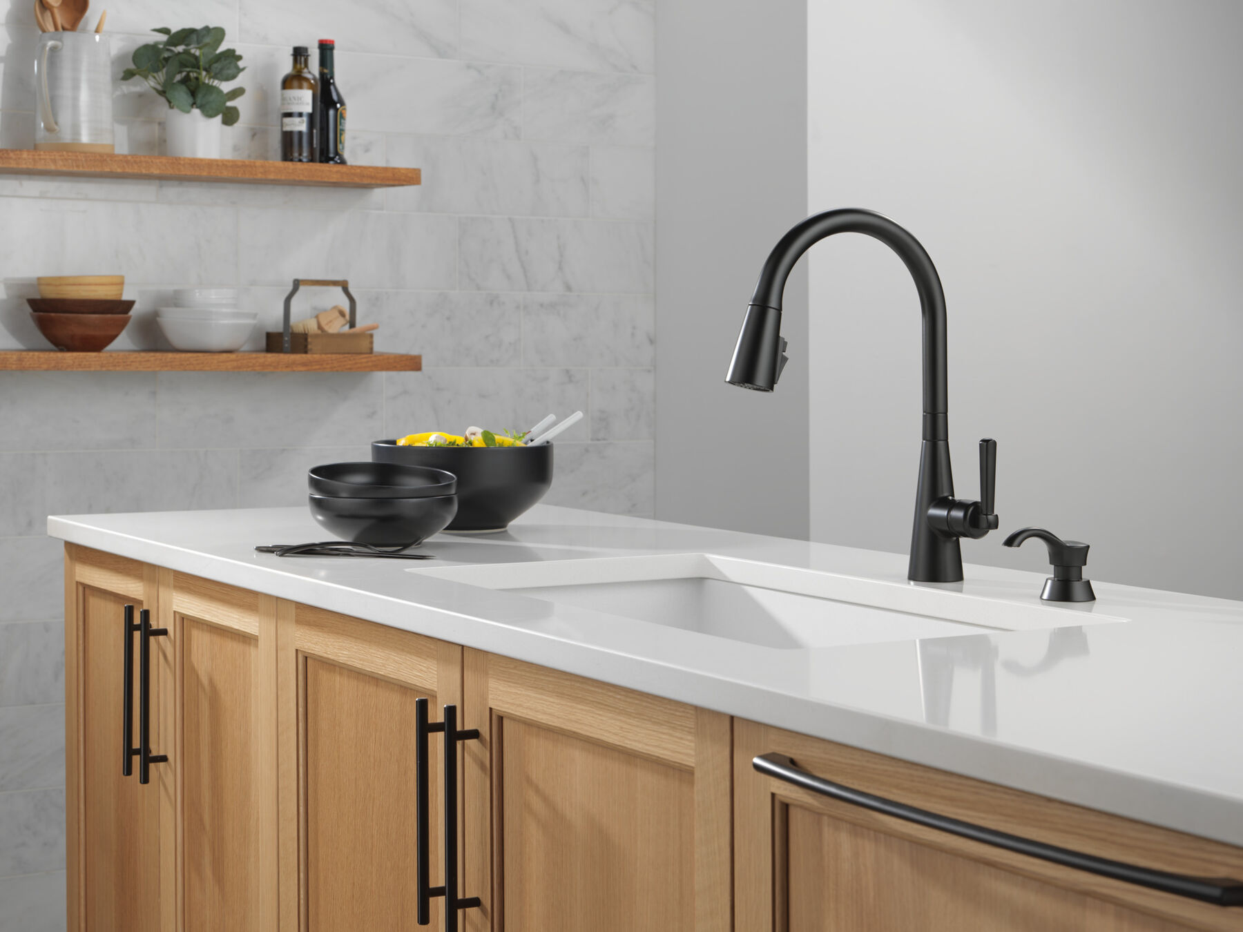 Single Handle Pull-Down Kitchen Faucet with Soap Dispenser and ShieldSpray&reg; Technology