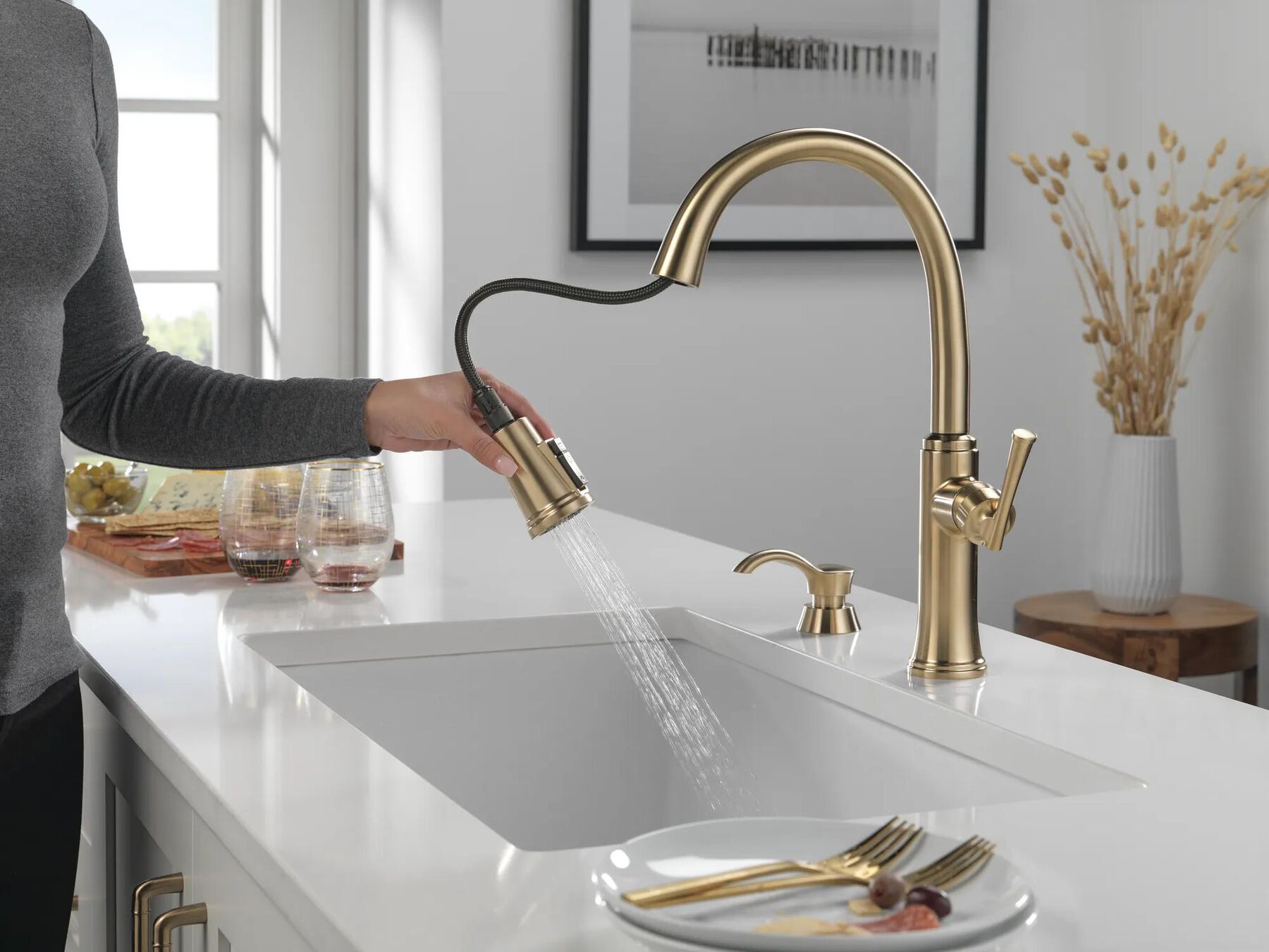 Single Handle Pull-Down Kitchen Faucet with Soap Dispenser and ShieldSpray Technology