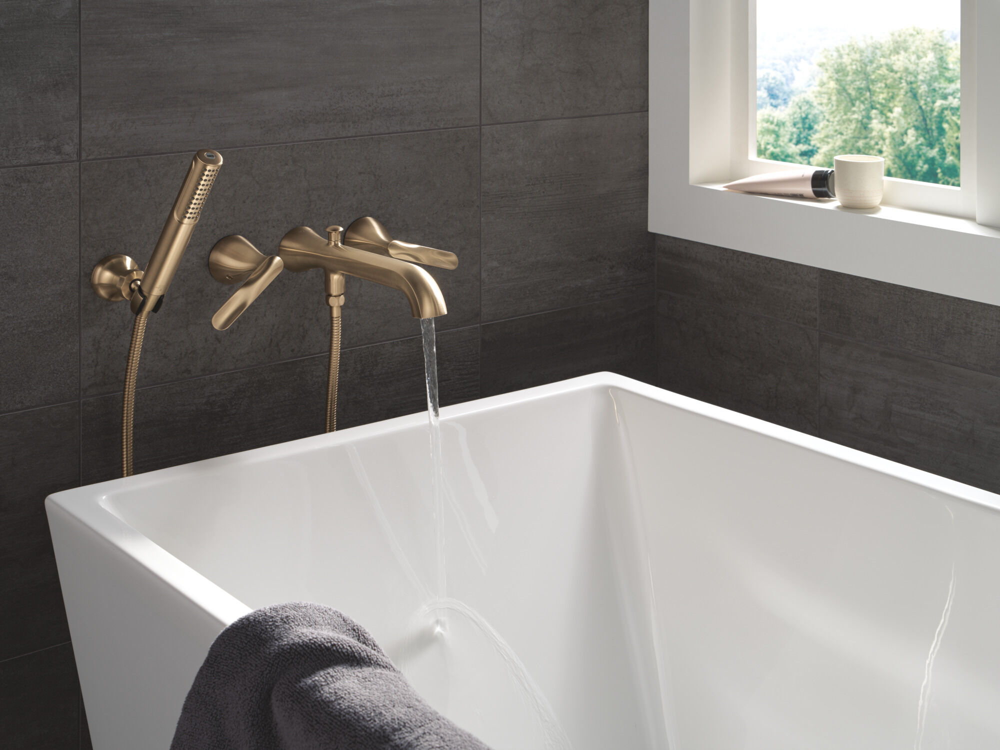 Two Handle Wall Mount Tub Filler Trim with Hand Shower in Lumicoat