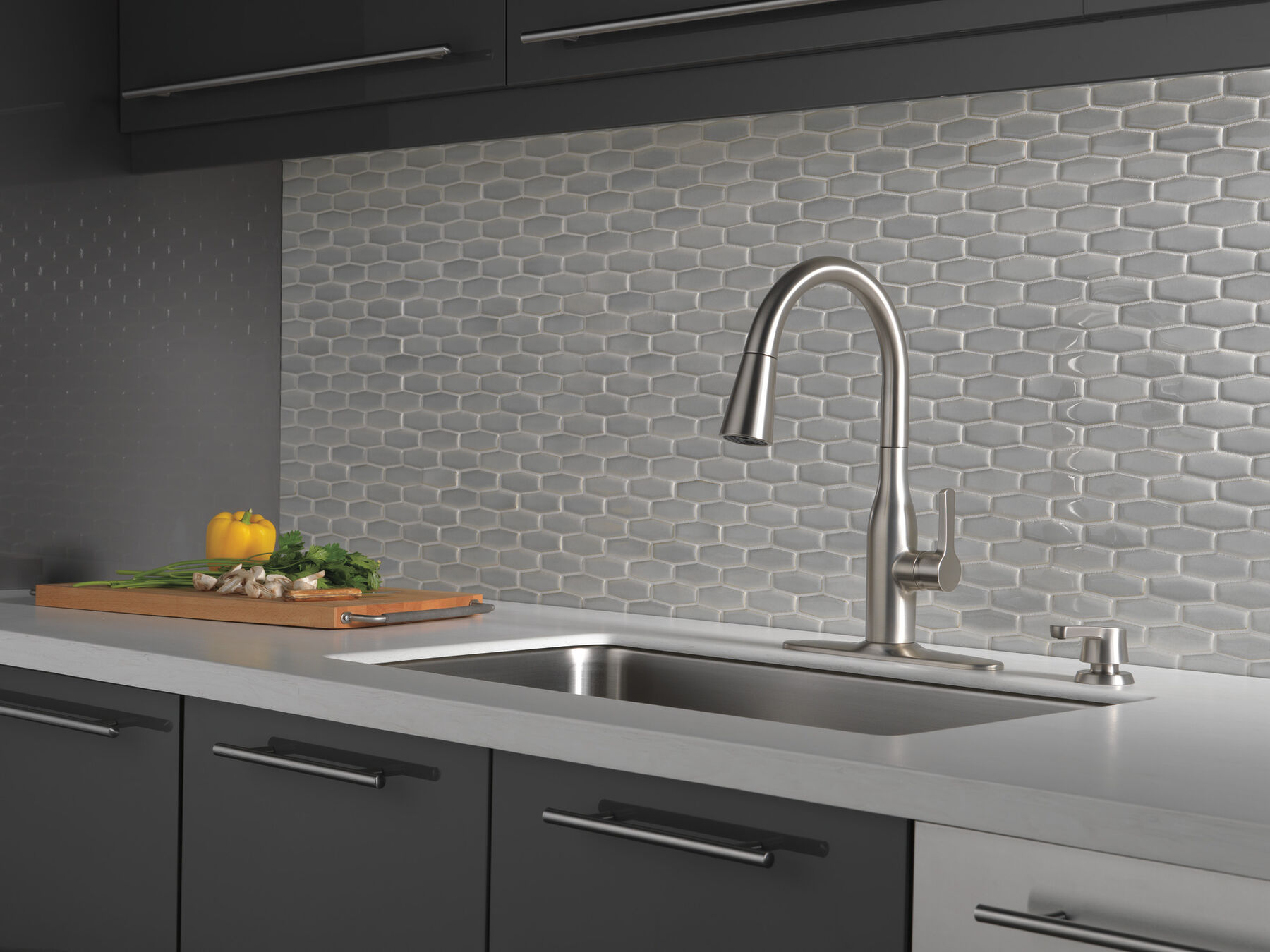 Single Handle Pull-Down Kitchen Faucet with Soap Dispenser and ShieldSpray&reg; Technology