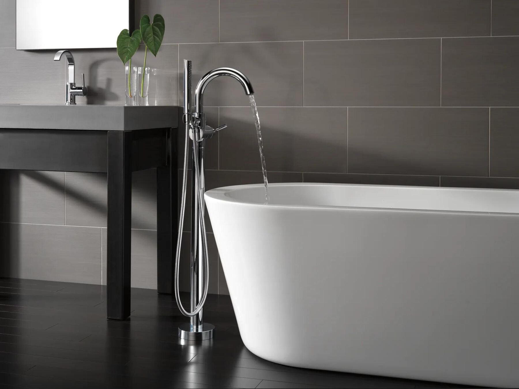 Contemporary Single Handle Floor Mount Tub Filler with Hand Shower