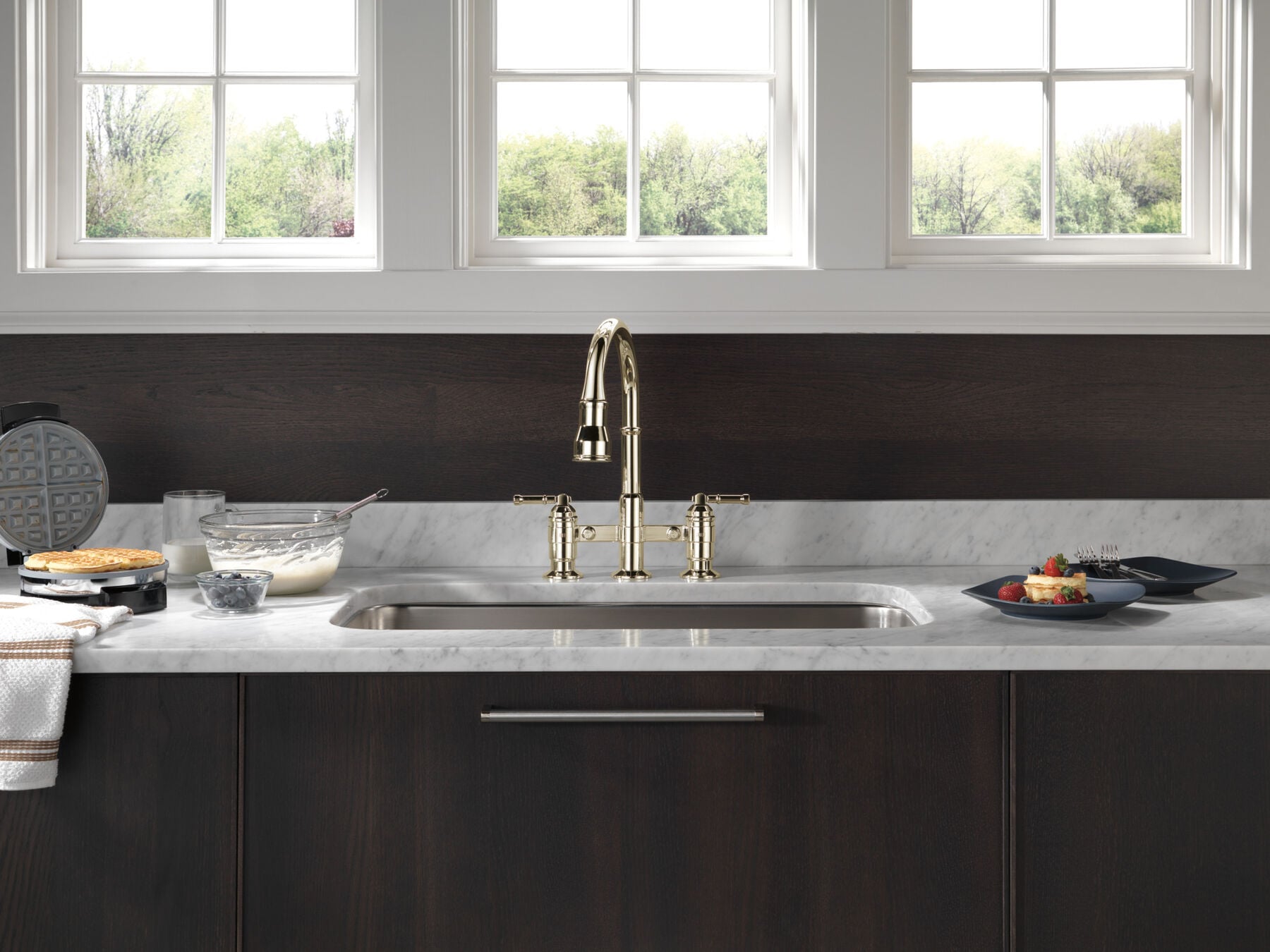 Two Handle Pull-Down Bridge Kitchen Faucet