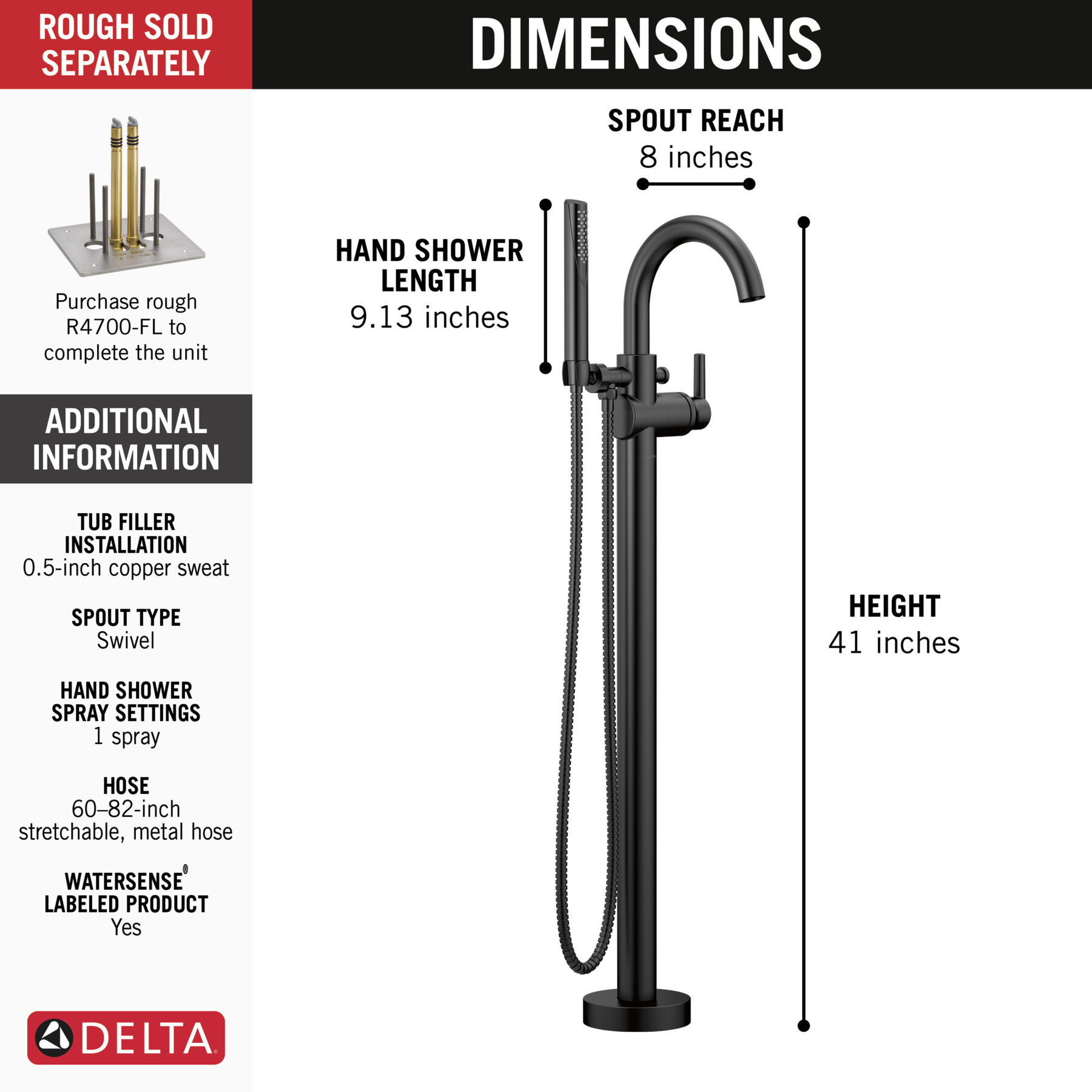 Single Handle Floor Mount Tub Filler Trim with Hand Shower
