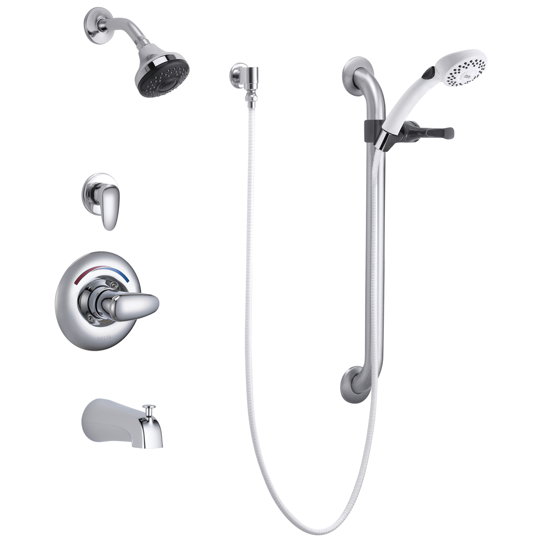 Universal Tub and Dual Shower Trim Diverter Hand Shower and Grab Bar