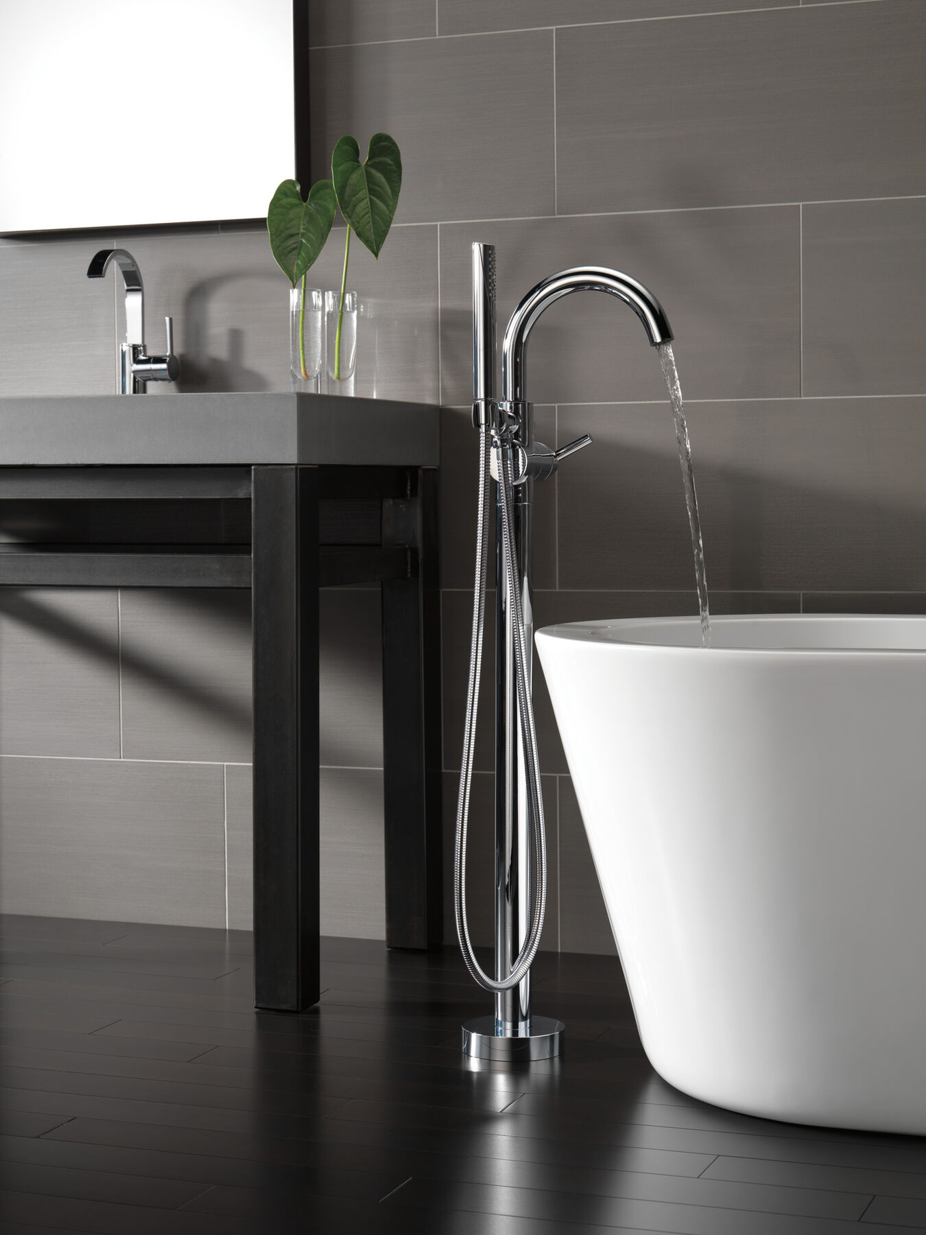 Single Handle Floor Mount Tub Filler Trim with Hand Shower