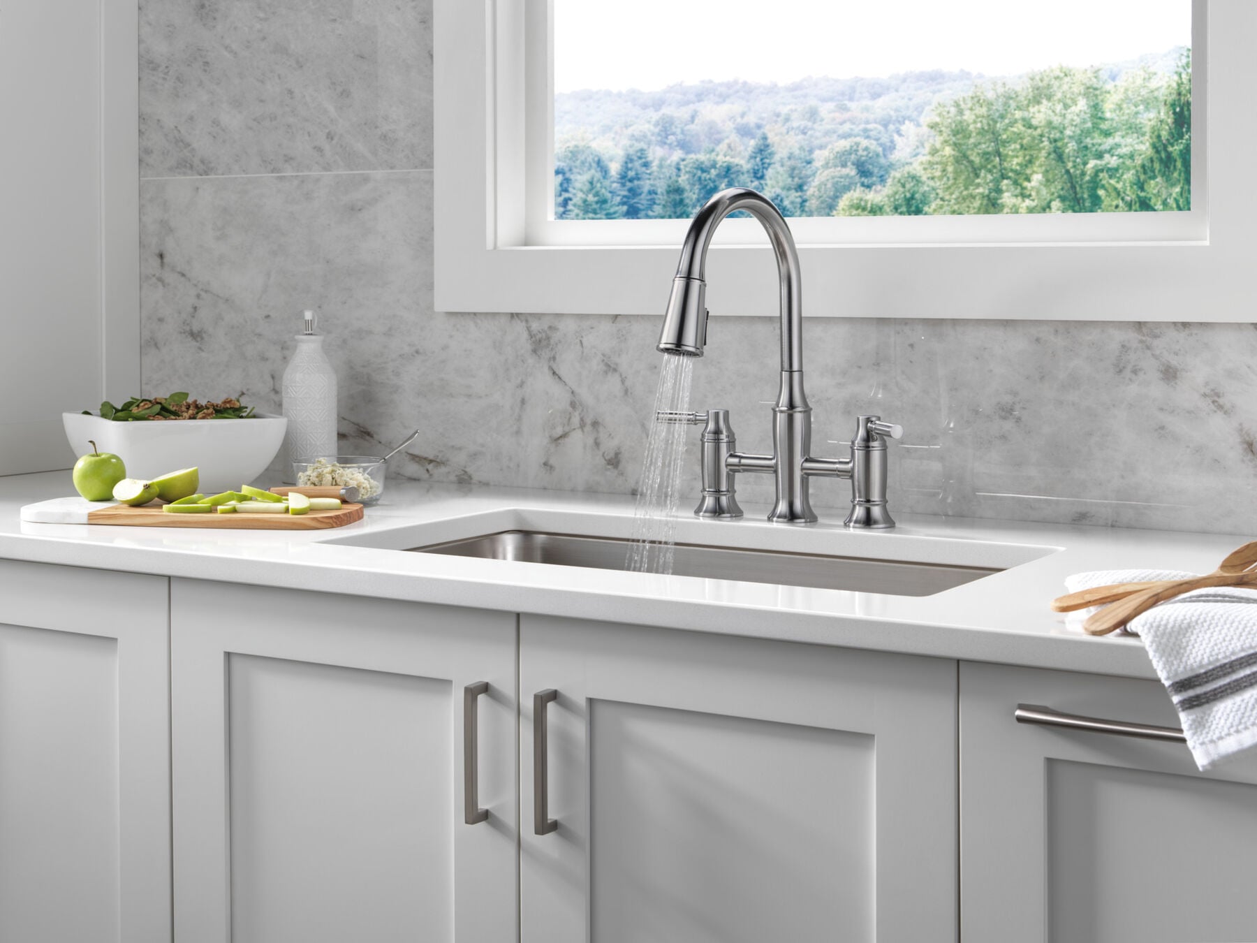 Two Handle Pull-Down Bridge Kitchen Faucet