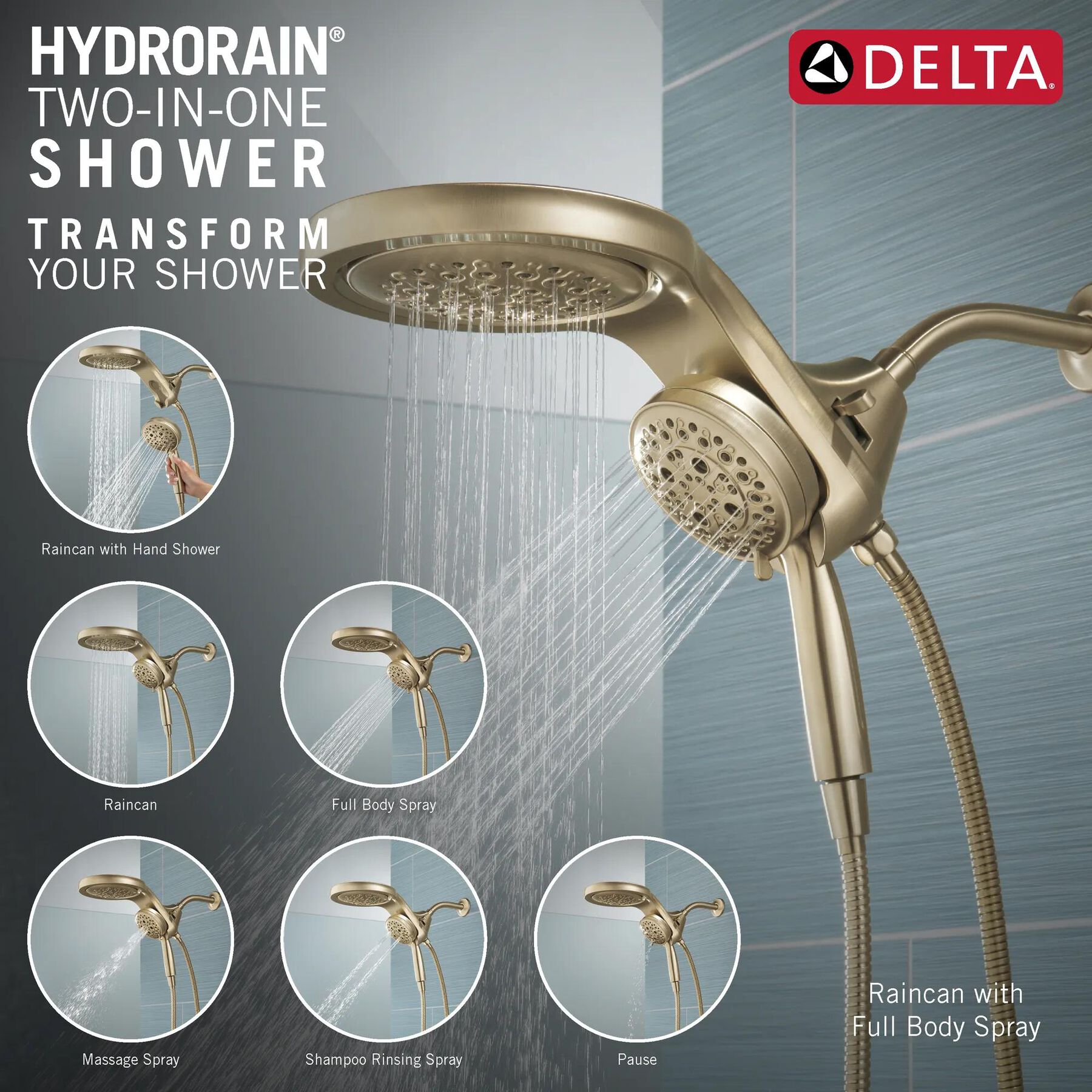 HydroRain&reg; H2Okinetic&reg; 5-Setting Two-in-One Shower Head (Recertified)