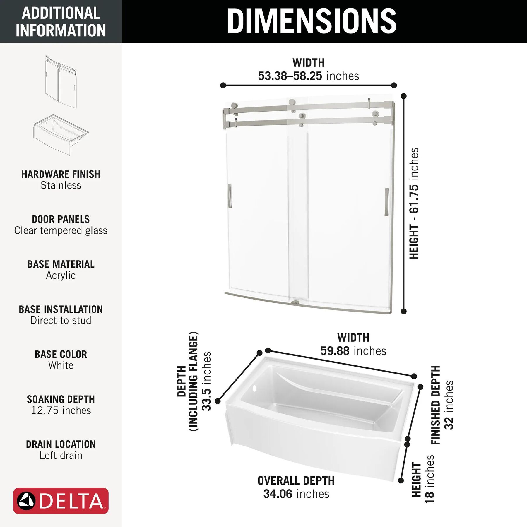 60x32 Alcove Bathtub with Door Bundle - Left Drain Curve
