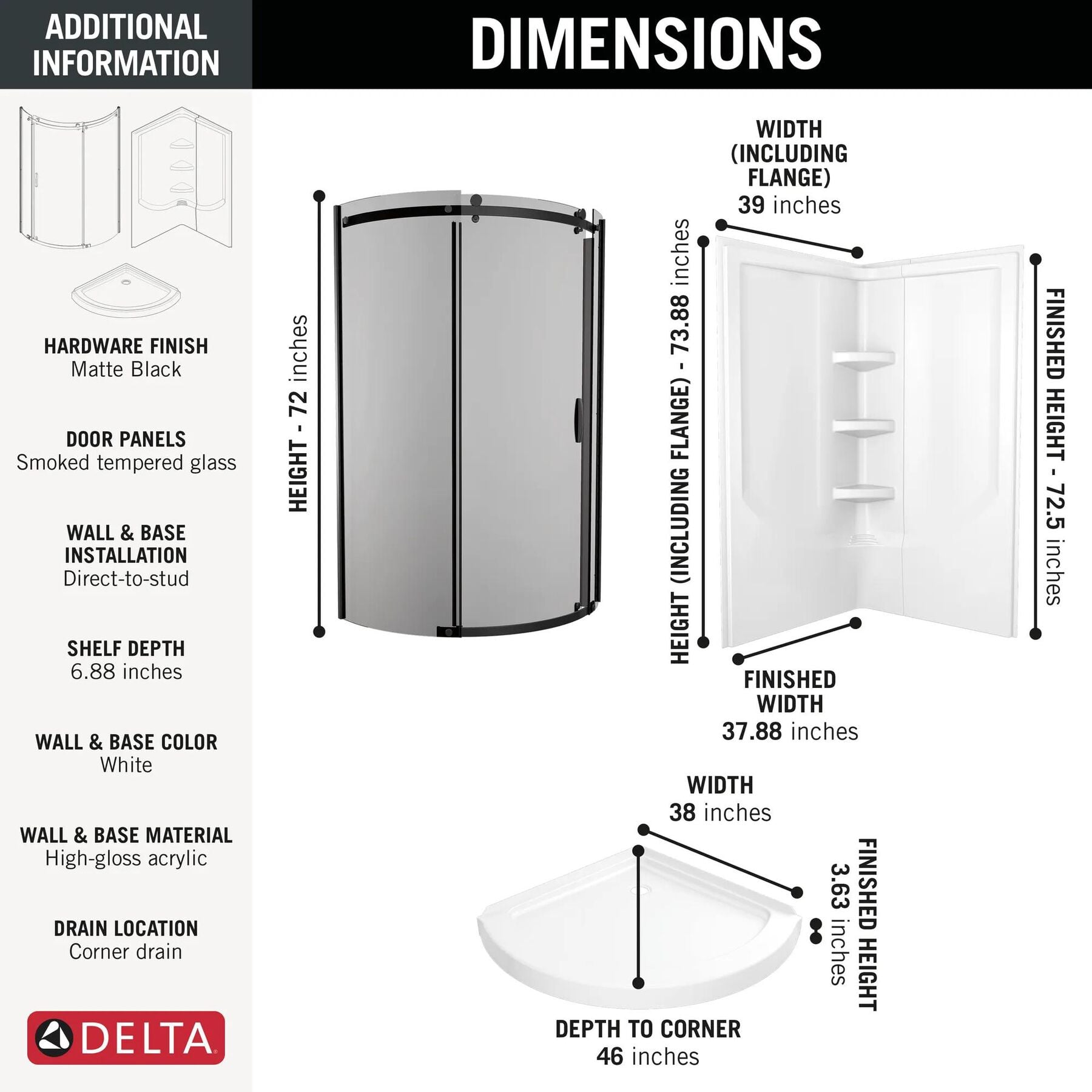 38x38 Corner Shower Bundle with Door - Classic Round with Direct-to-Stud Wall Set