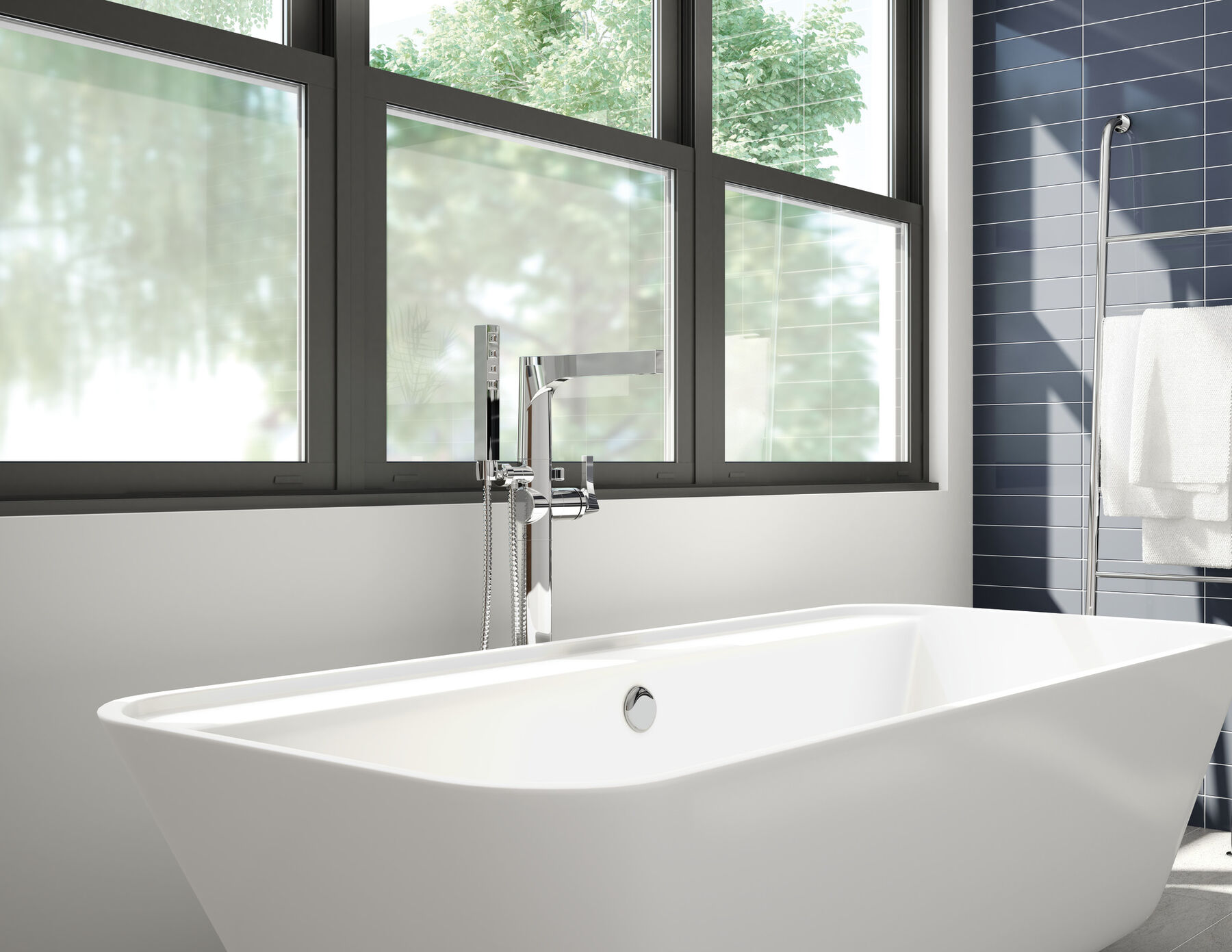 Single Handle Floor Mount Tub Filler Trim with Hand Shower