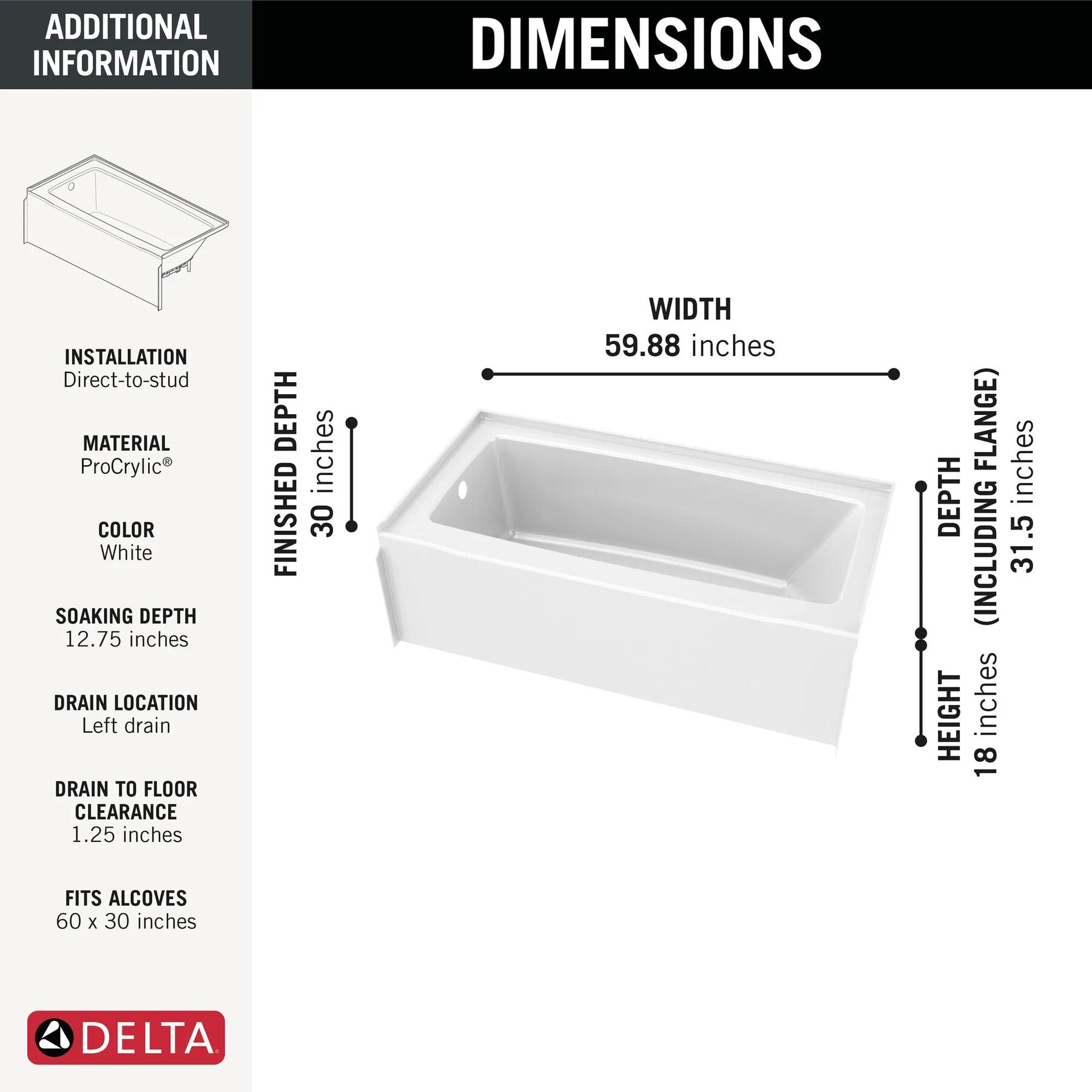 60x30 Alcove Bathtub, Wall Set and Trim Bundle - Left Drain
