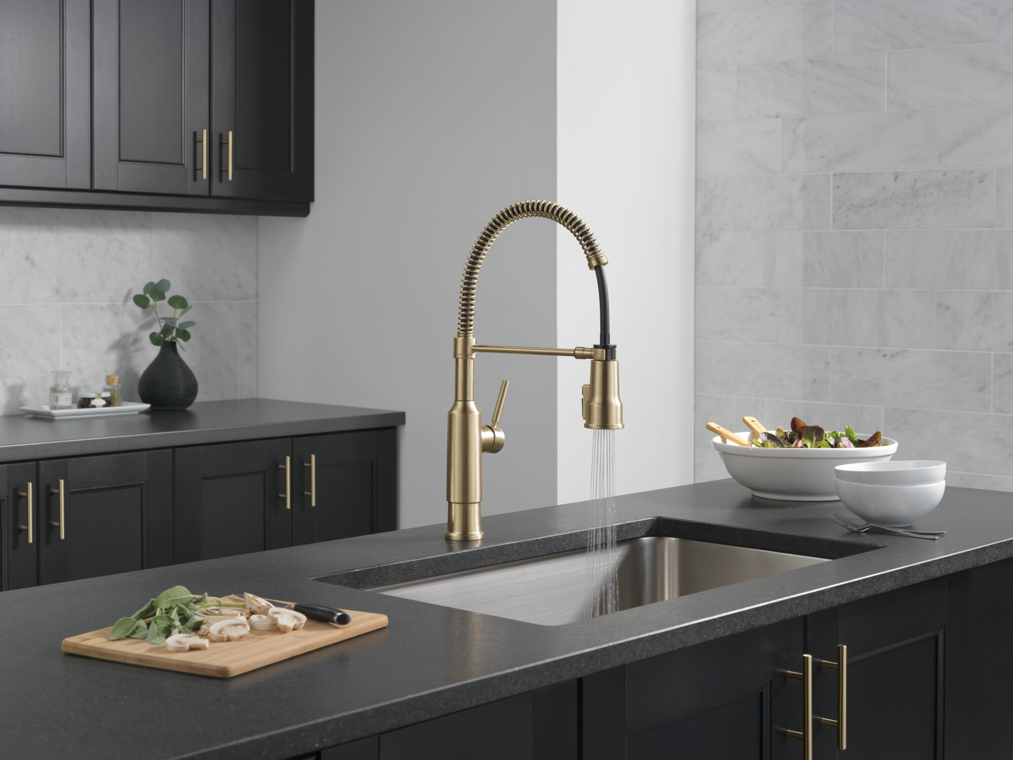 Single-Handle Pull-Down Spring Kitchen Faucet in Champagne Bronze