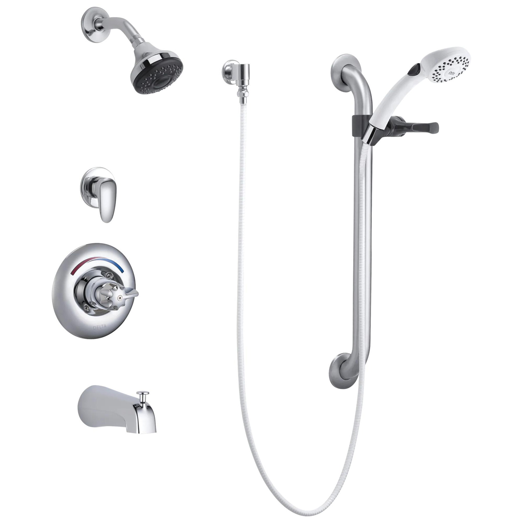 Universal Tub and Dual Shower Trim Diverter Hand Shower and Grab Bar