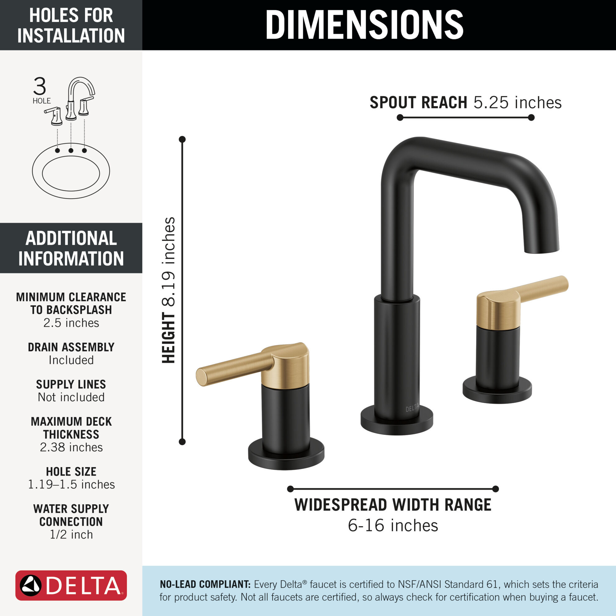 Two Handle Widespread Bathroom Faucet in Matte Black / Champagne