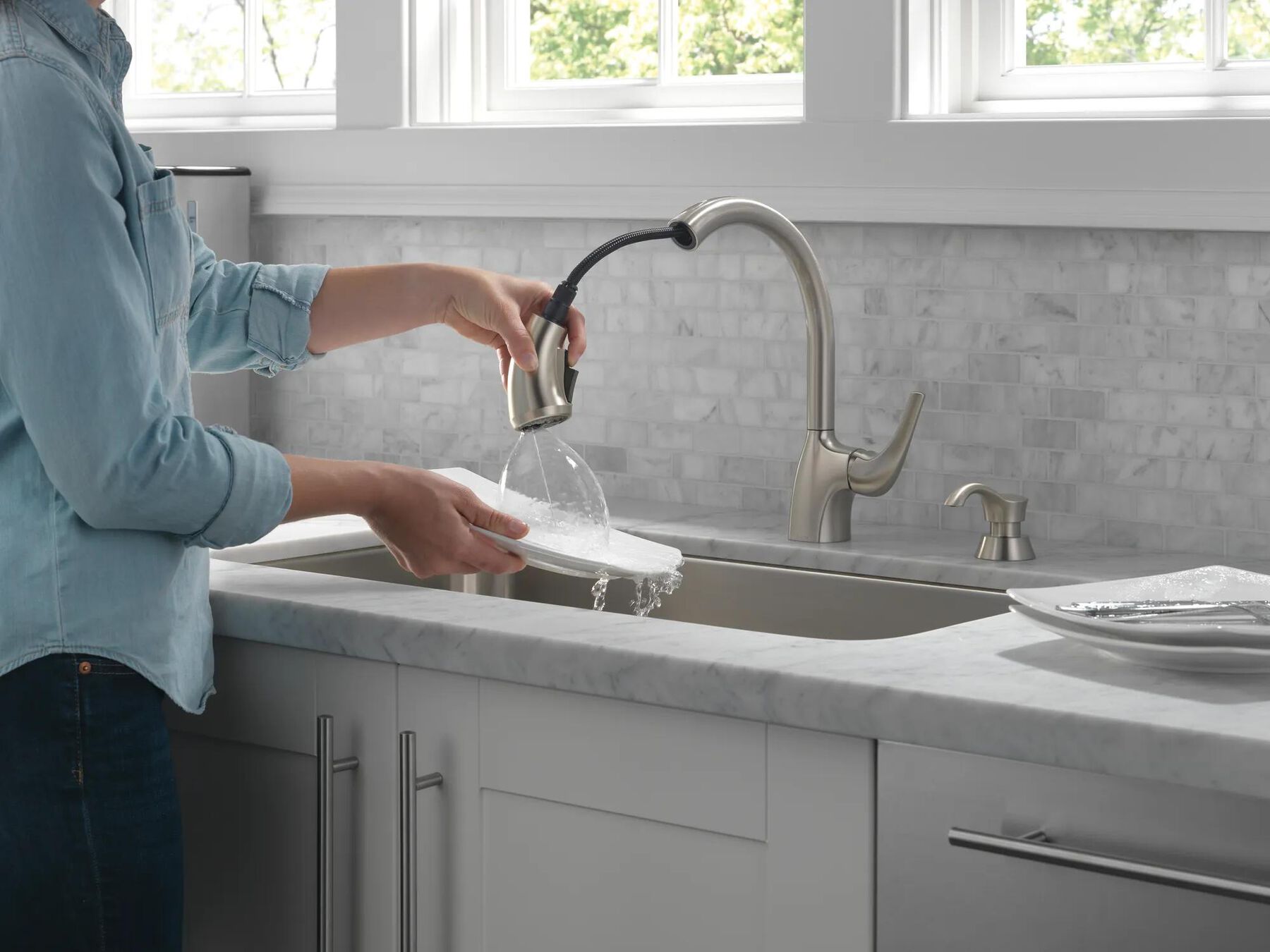 Mid-Rise Pull-Out Kitchen Faucet with Soap Dispenser and ShieldSpray Technology (Recertified)