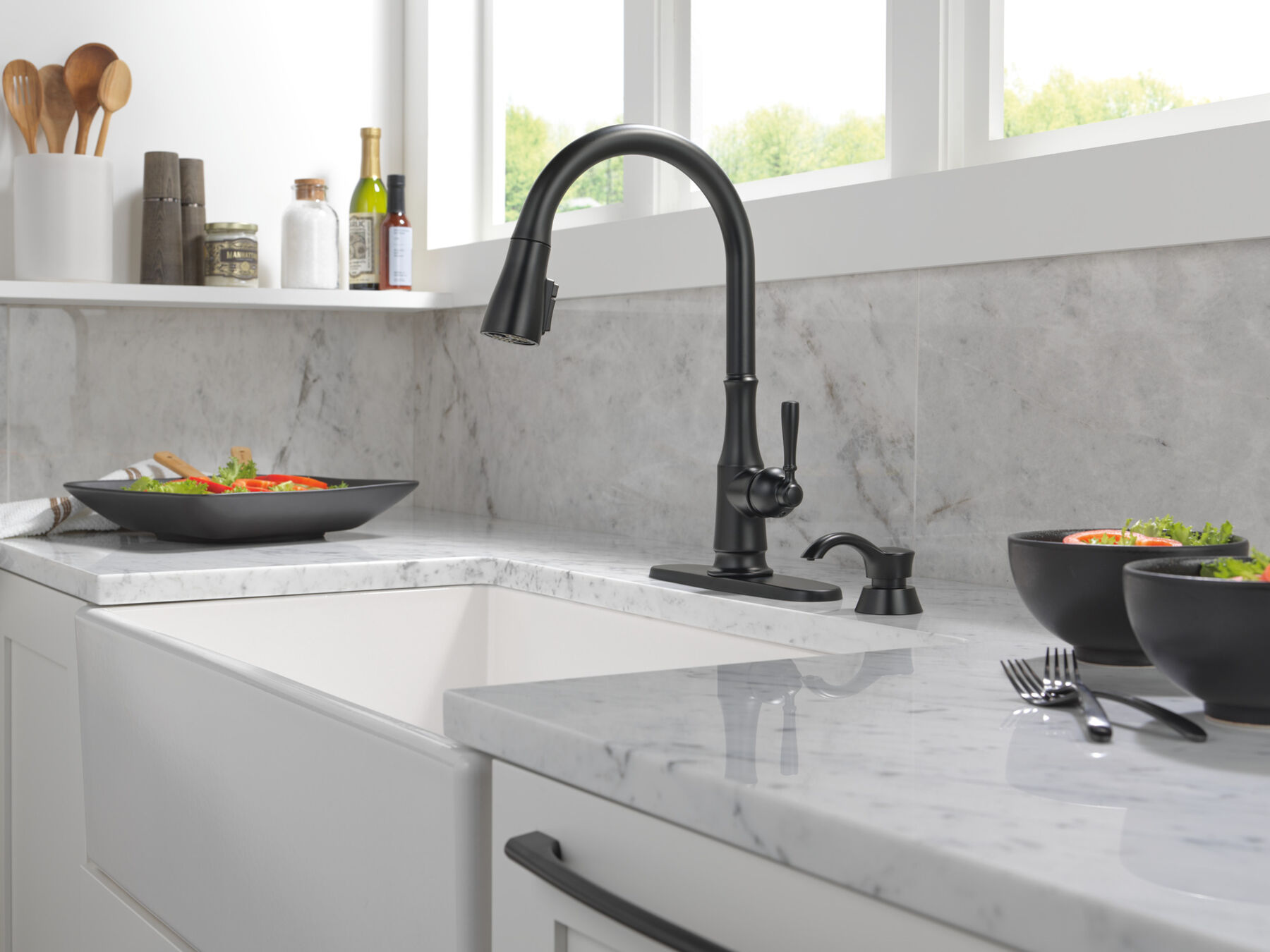 Single Handle Pull-Down Kitchen Faucet with Soap Dispenser and ShieldSpray Technology