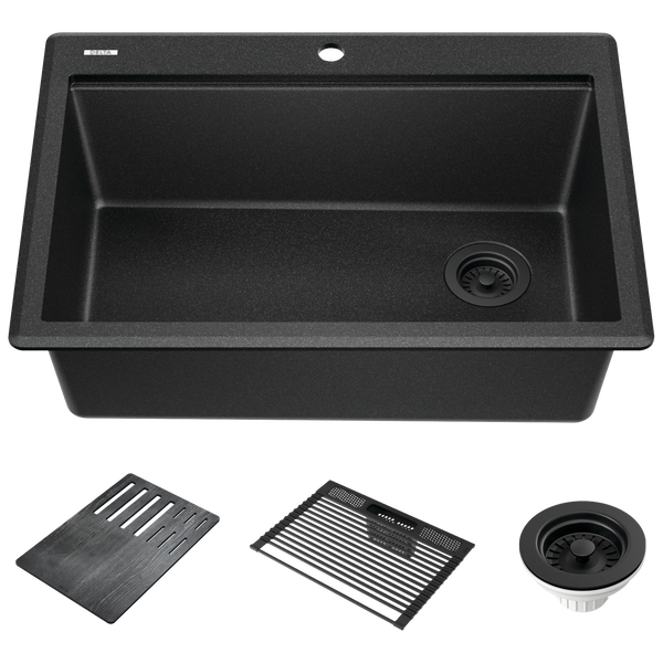 30&rdquo; Granite Composite Workstation Kitchen Sink Drop-In Top Mount Single Bowl with WorkFlow&trade; Ledge and Accessories in Black