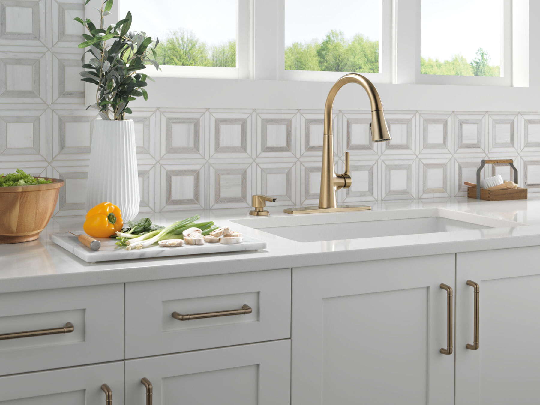 Single Handle Pull-Down Kitchen Faucet with Soap Dispenser and ShieldSpray&reg; Technology