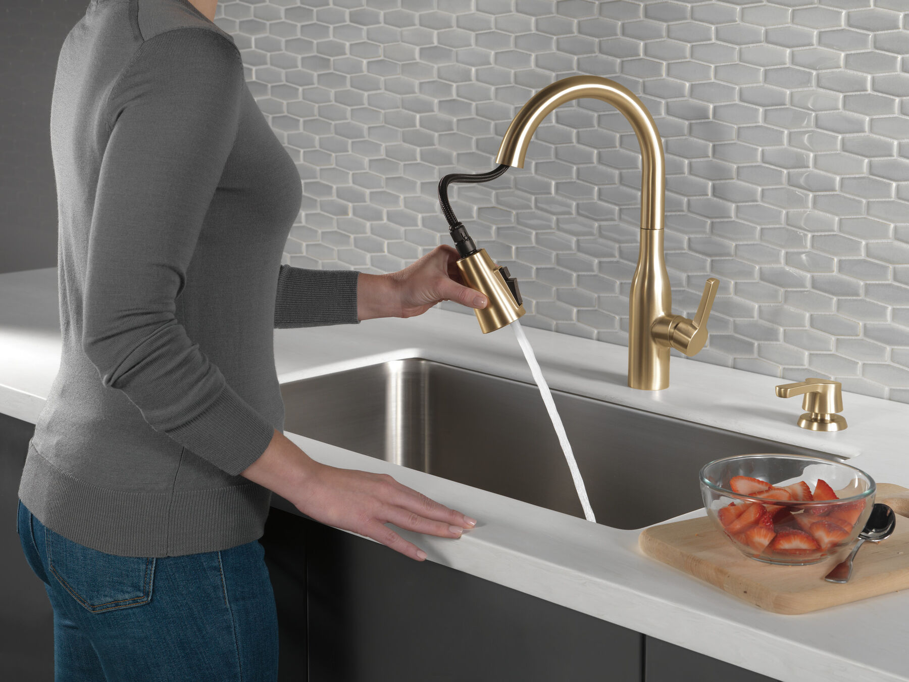 Single Handle Pull-Down Kitchen Faucet with Soap Dispenser and ShieldSpray&reg; Technology