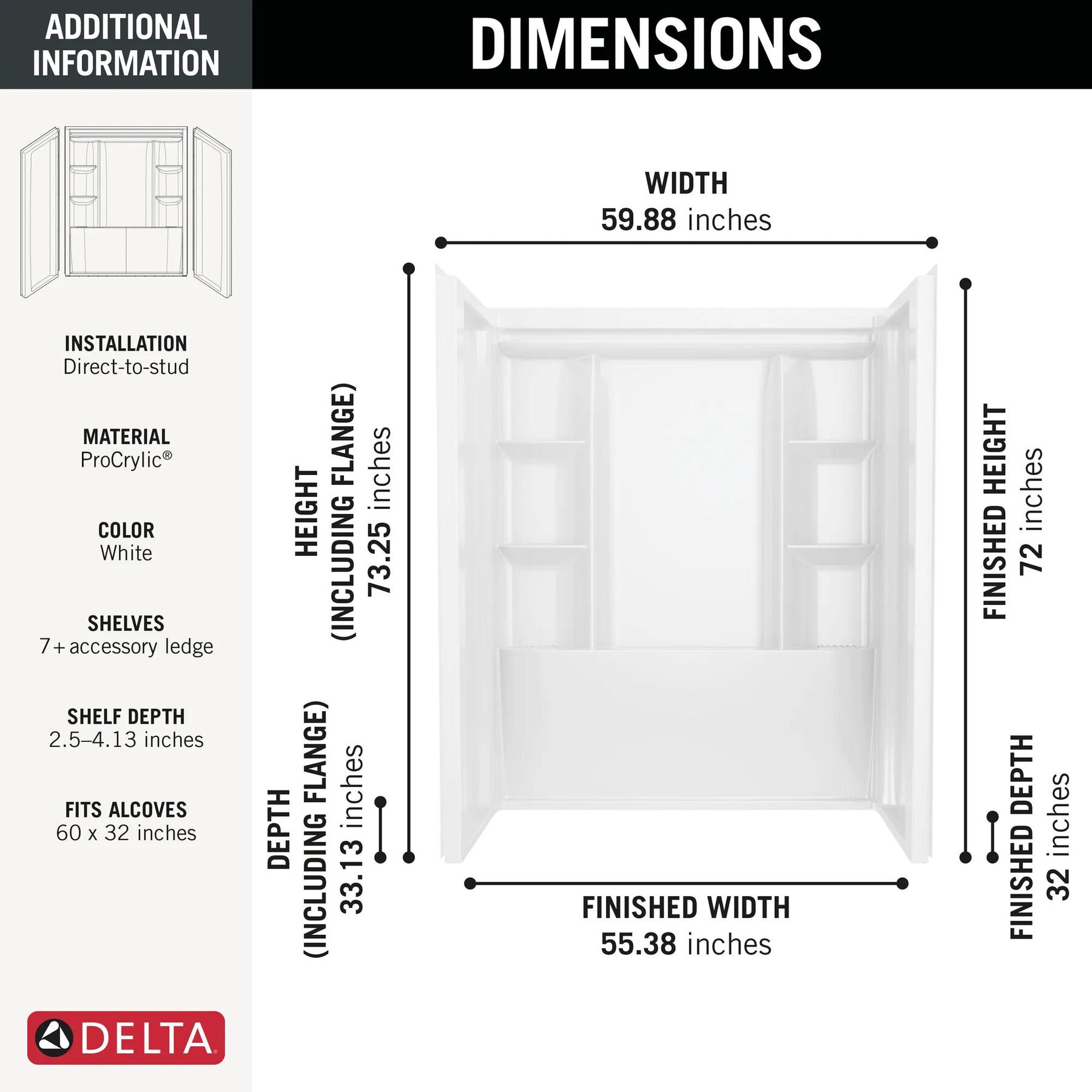 60x32 Alcove Shower Base and Wall Set Bundle - Center Drain