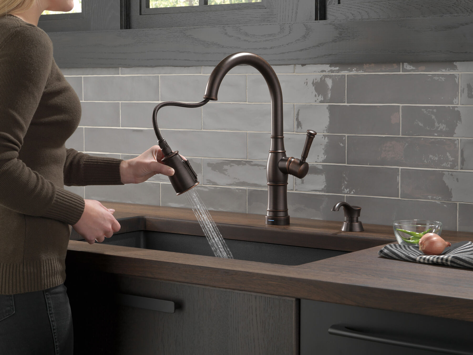Single Handle Pull-Down Kitchen Faucet with Touch2O Technology and Soap Dispenser