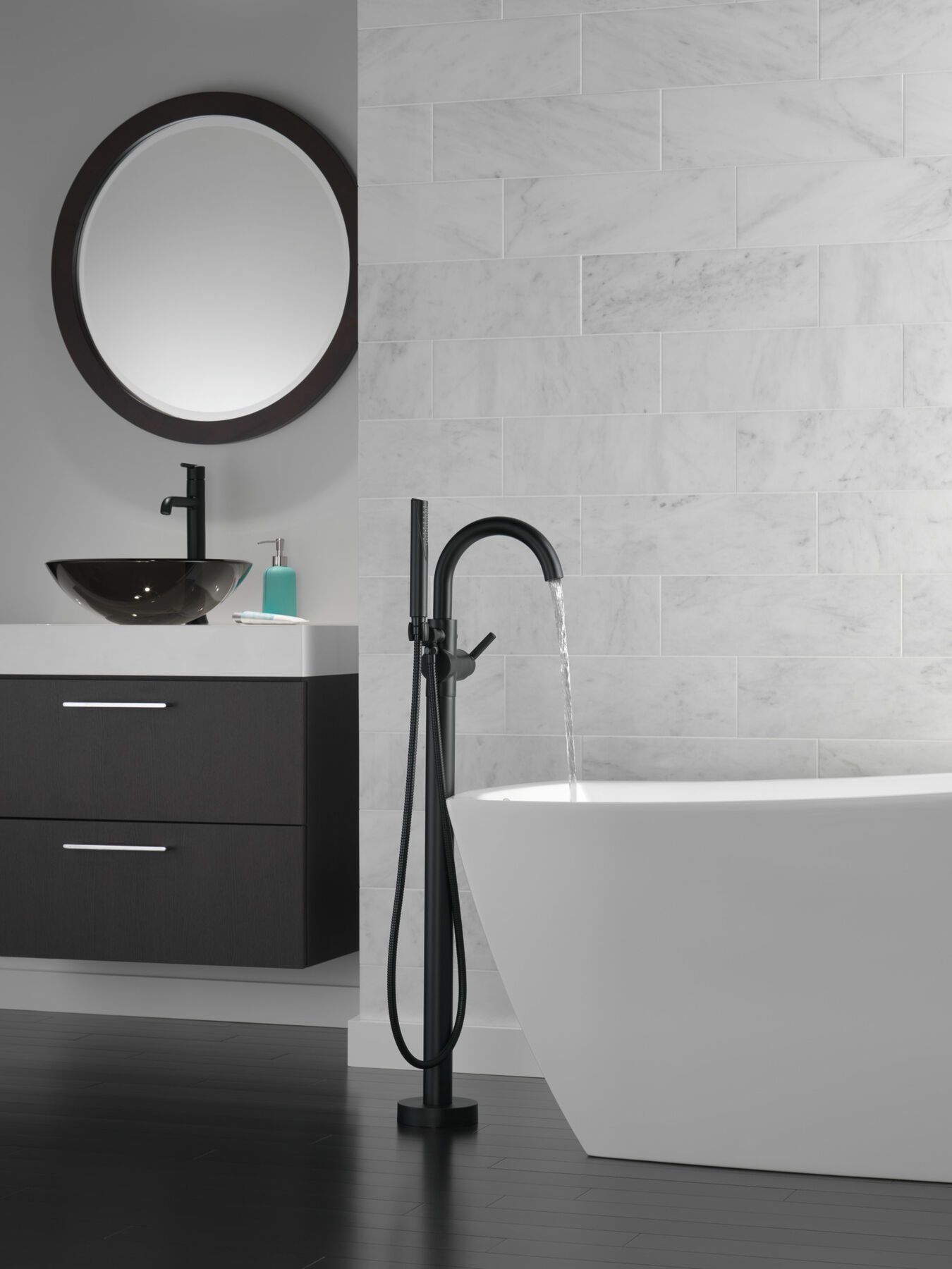 Single Handle Floor Mount Tub Filler Trim with Hand Shower (Recertified)