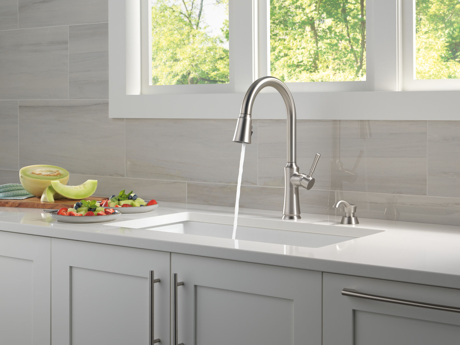 Single Handle Pull-Down Kitchen Faucet with Soap Dispenser and ShieldSpray Technology