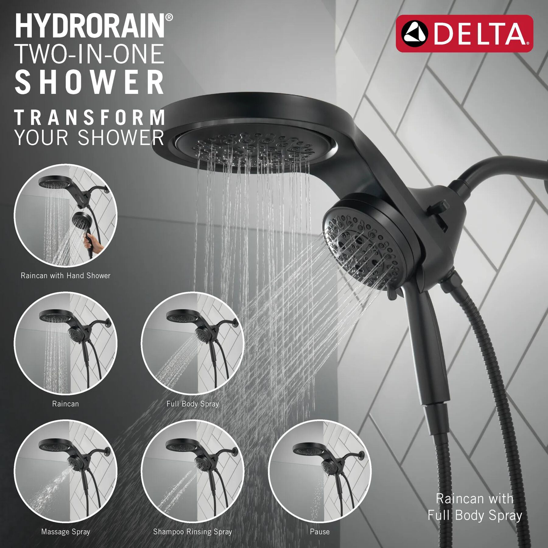 HydroRain&reg; H<sub>2</sub>Okinetic&reg; 5-Setting Two-in-One Shower Head (Recertified)