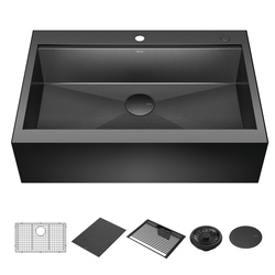 33” Retrofit Farmhouse Apron Front 16 Gauge Workstation Kitchen Sink Single Bowl in with WorkFlow™ Ledge and Accessories for Top Mount Drop-In Installation
