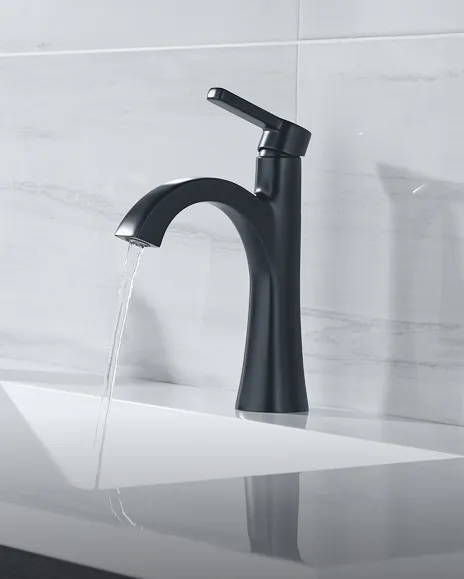 Delta Lineax top single handle faucet in matte black pouring water into white sink with grey/white tiled backsplash.