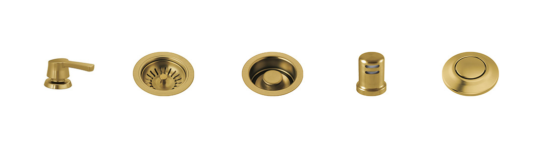 Finish Comes on the Following Accessories: Soap Dispenser, Basket Strainer, Disposal Stopper, Air Gap and Air Switch