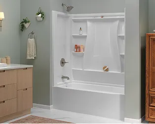 Delta Classic 500 Tub Wall Bathtub Shower Combo Set in high gloss white in bathroom.