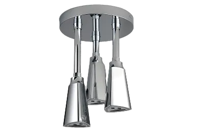 Delta showering: H2O Kinetic pendant raincan showerhead with LED Light in chrome.