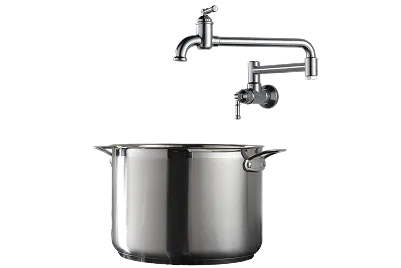 Delta specialty faucets: pot filler in chrome with large pot in chrome below.