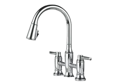 Delta Renaldi Two Handle Pull-Down Bridge Kitchen Faucet in Lumicoat Chrome.